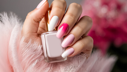 Wall Mural - Female hand, beautiful pink manicure fashion