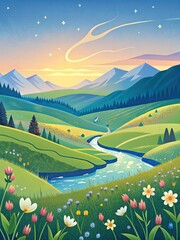 Canvas Print - Rolling hills and a winding river under a clear sky.