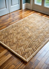 Sticker - Woven rug with a herringbone pattern on a wooden floor.