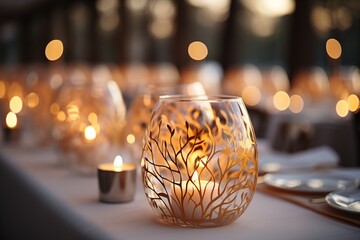 Table setting for Romantic dessert, Glasses with white painting of small leaves.