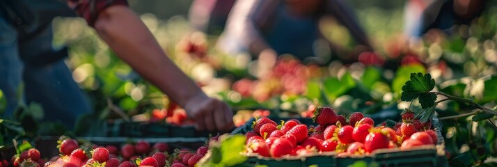 Wall Mural - Lush,sun-drenched scene of people picking fresh,ripe berries on a scenic countryside farm with a complementary color palette and advanced tones.