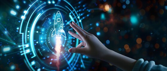 Wall Mural - Hand touching rocket icon on digital screen, representing business and technology concepts for success of new project or social media marketing at dark background 