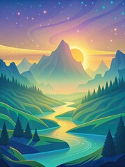 Sticker - Sunset over a picturesque mountain landscape.