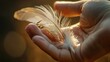 © Darya - A close-up of a hand holding a single white feather in the warm glow of the afternoon sun