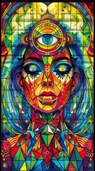 Wall Mural - A colorful painting of a woman with a large eye