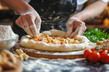 A chef is creating an artisan pizza with fresh ingredients in a charming rustic kitchen