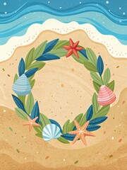 Poster - Beach-themed wreath with seashells and starfish.