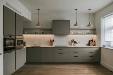 Wall Mural - A kitchen with a sink and counter top in the middle, AI