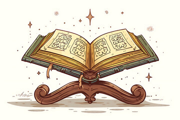 Holy open Quran book with rosary, Design element for Ramadan or other religious Islamic holidays . Hand drawn watercolor illustration isolated on white background