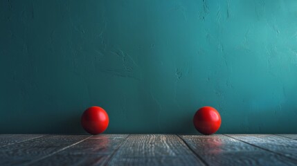 Wall Mural - Two red balls are placed on a wooden floor