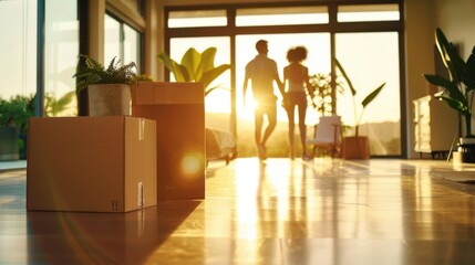 A couple holding hands in a sunlit room with moving boxes, symbolizing a new beginning in their new home.