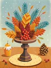 Poster - Harvest-themed table centerpiece with pine cones and fruits.