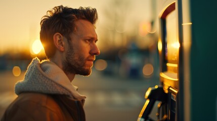 Man refueling car at sunset, thoughtful expression, outdoor gas station scene, warm sunlight, casual attire, serene atmosphere.