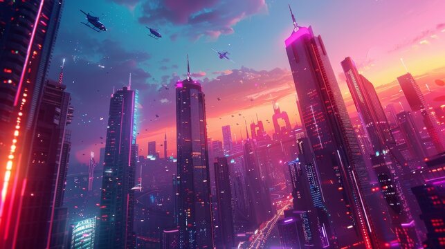 A digital illustration of a futuristic city skyline with tall buildings and flying vehicles at sunset