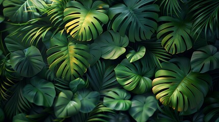  This is a colorful image of a bunch of green tropical leaves. The leaves are arranged in a dense cluster, creating a lush green foliage. 