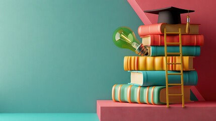 Wall Mural - Graduation cap on books, back to school concept 3D rendering. AI generated illustration