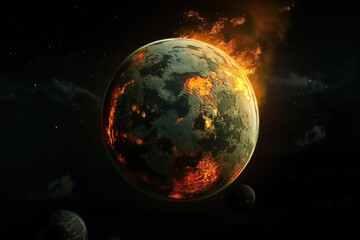 High-quality illustration of the early Earth, a fiery and tumultuous landscape