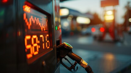 Close-up of a gas pump at a petrol station, showing the price display and nozzle, with blurred background of vehicles and lights.