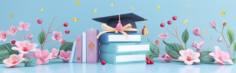 A mortarboard and graduation scroll, tied with red ribbon, on a stack of books. AI generated illustration