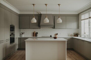 Wall Mural - A kitchen with a center island and three hanging lights, AI