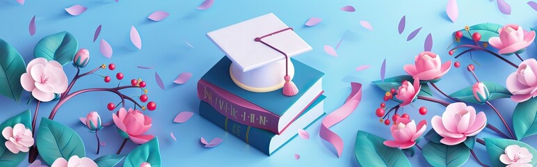 A mortarboard and graduation scroll, tied with red ribbon, on a stack of books. AI generated illustration