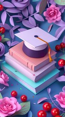 Poster - A mortarboard and graduation scroll, tied with red ribbon, on a stack of books. AI generated illustration