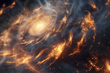 Wall Mural - realistic visualization of early galaxy formation with bright swirling golden and orange gases