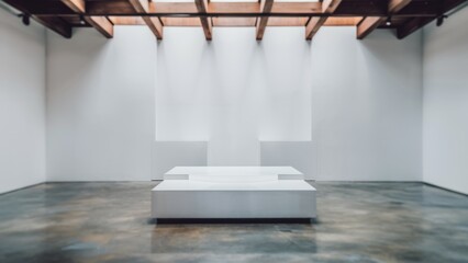 Wall Mural - A white room with a large window and two benches, AI