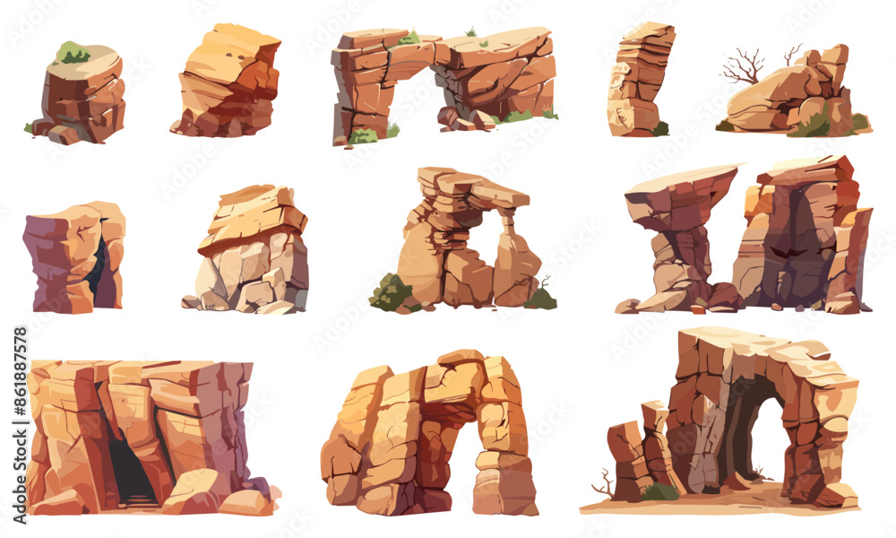 Desert rocks set. Stone canyon arc. Rock formations of canyons. Dry ...