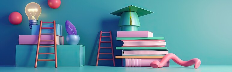 Wall Mural - Graduation cap on books, back to school concept 3D rendering. AI generated illustration