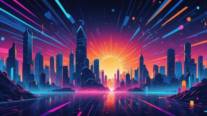 Wall Mural - Funky synth wave night cityscape in pop art style