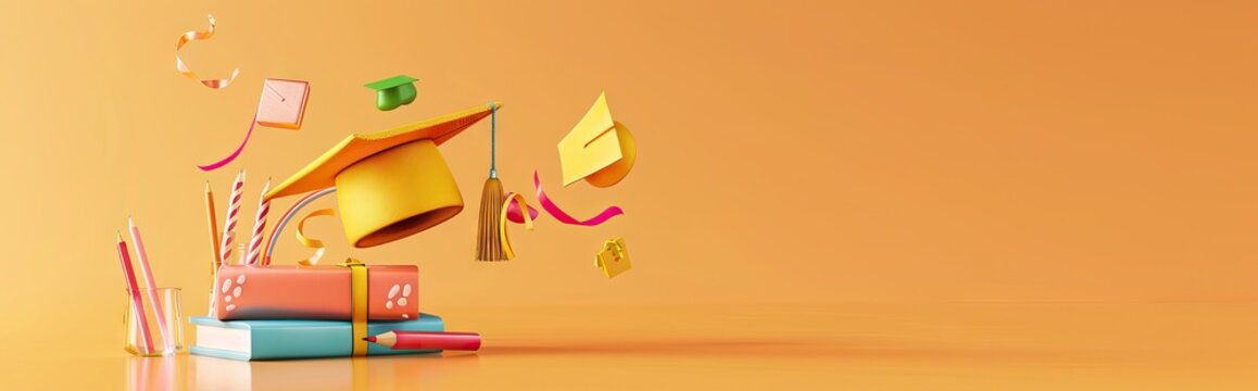 concept of obtaining higher education. stack of books and graduate cap on a blue background. 3d render. illustration. AI generated illustration