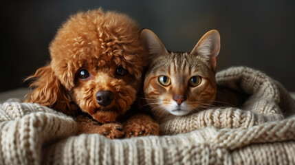Poodle dog and Abyssinian cat are friends. cute pets portrait.