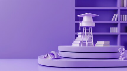 Poster - 3D rendering of a podium with a graduation hat, ladder and books on a purple background. AI generated illustration