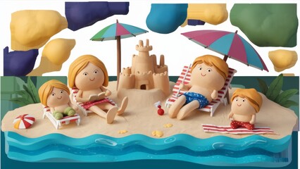 Wall Mural - A group of figurines on a beach with umbrellas and chairs, AI