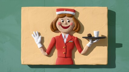 Wall Mural - A cartoon of a woman in uniform holding up her tray, AI