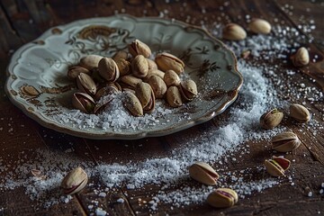 Poster - Pistachios on a plate with salt on a wooden background