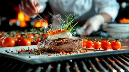 Wall Mural - A close-up shot of a juicy, perfectly grilled steak with rosemary, tomatoes, and a smoky background. The steak is resting on a white plate, and the steam rising from it adds to the delicious image