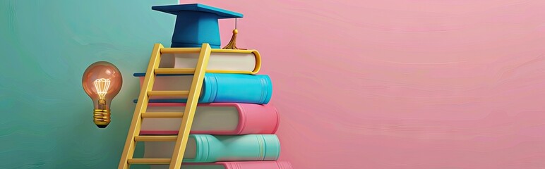 Wall Mural - Graduation cap on books, back to school concept 3D rendering. AI generated illustration