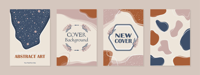 Poster - Set of abstract art cards in pastel colors with simple shapes and lines.  Modern leafy abstract background. Mock up art design with blue, beige, pink and brown colors.