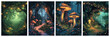 © MicroOne - Magical forest landscape posters set. Fairytale mashrooms. Lights vibrant foliage glow paths. Fantasy place vector background