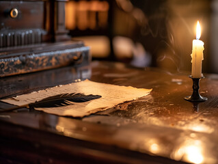 A quill pen resting on a vintage, ink-stained desk lit by the warm glow of candlelight, invoking creativity and history