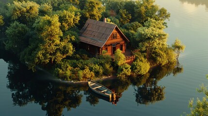 A-shaped wooden house sits amidst green trees and bushes on a tiny island in the lake. A boat rests by the shore, reflecting in the still waters