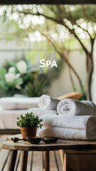 Wall Mural - A table with towels and a plant on it next to the word spa, AI