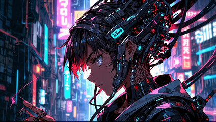 Futuristic 3D render anime cyberpunk characters cartoon video game magenta neon city lights night