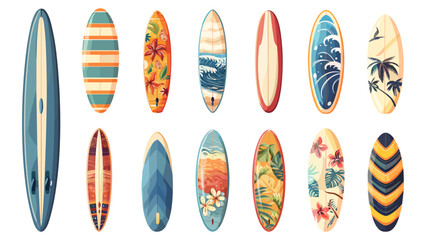 Wall Mural - Surfboard set. Surfing board clipart. Summer water activity tools design. Surf sport equipment, ocean beach lifestyle. Cartoon flat vector set