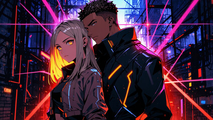 Futuristic anime cyberpunk characters criminal couple cartoon video game magenta neon city lights night