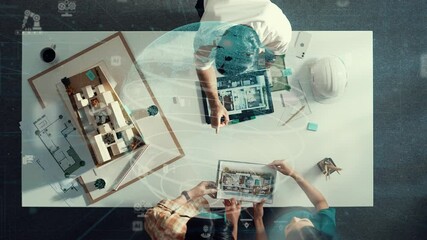 Poster - top view of skilled architect engineer working together and present idea to cooperative team with gl