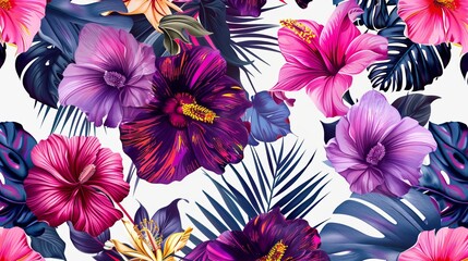 Wall Mural - Bright and beautiful floral pattern with many colorful flowers and tropical leaves on a white background. Can be used for fashion printing and modern backgrounds