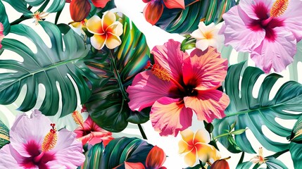 Bright and beautiful floral pattern with many colorful flowers and tropical leaves on a white background. Can be used for fashion printing and modern backgrounds